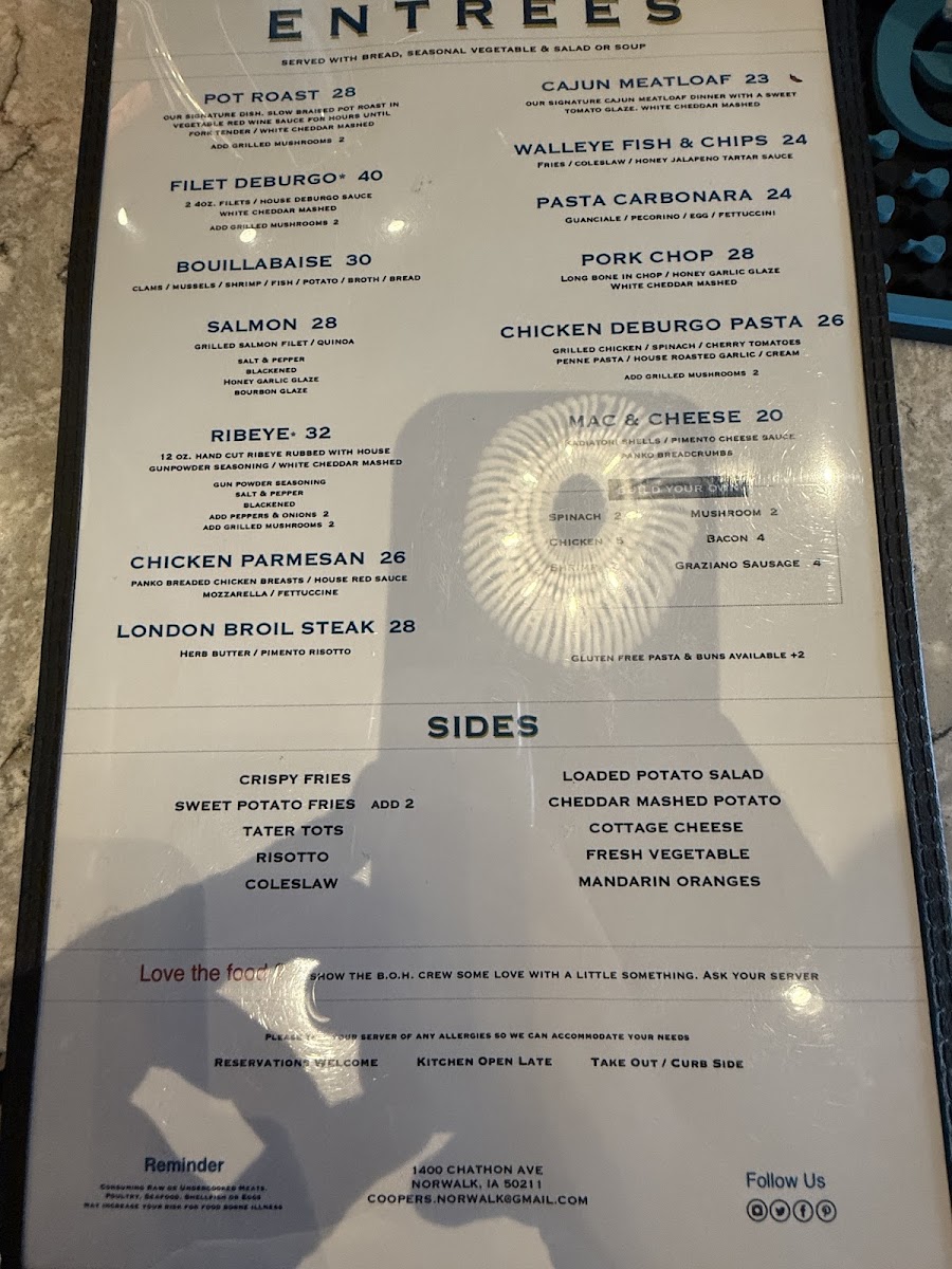 Cooper's Central Table & Cocktails menu board