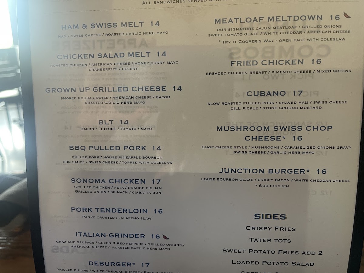 Cooper's Central Table & Cocktails menu board