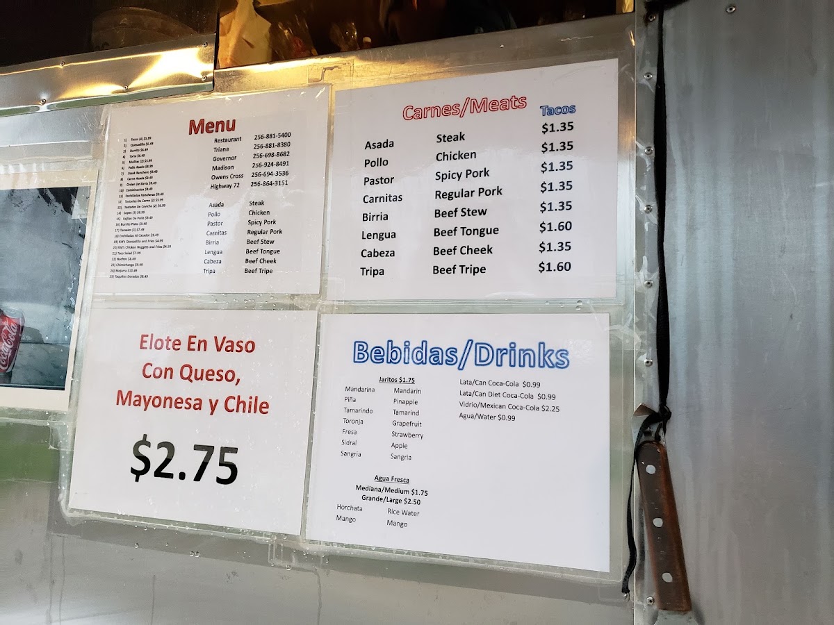 Taqueria El Cazador menu board