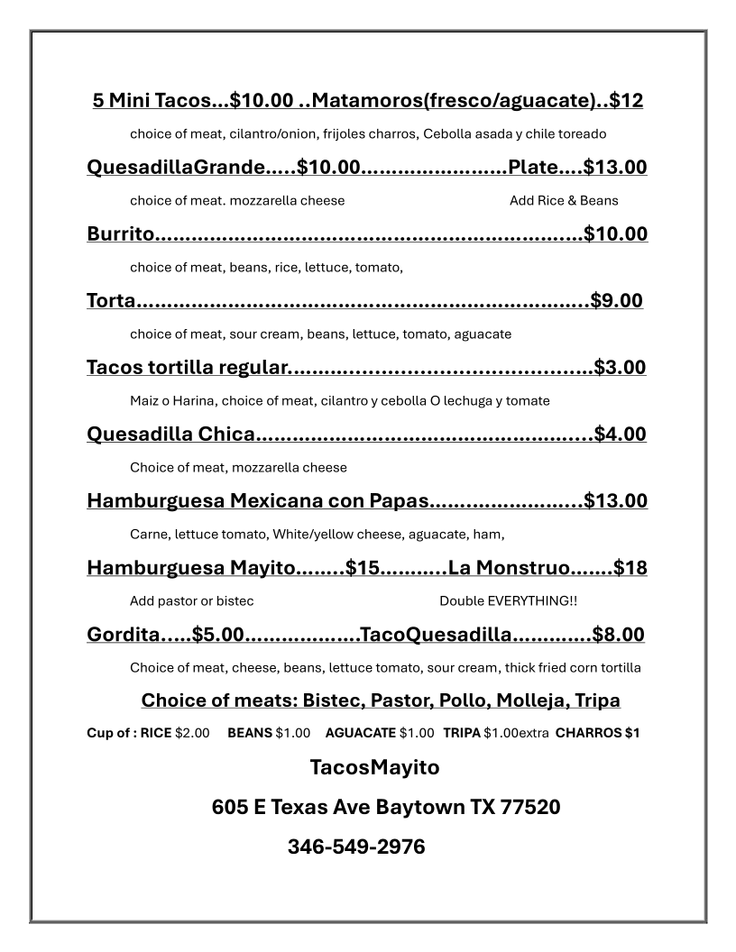 Tacos Mayito desde el Mero Norte (Food Truck) menu board