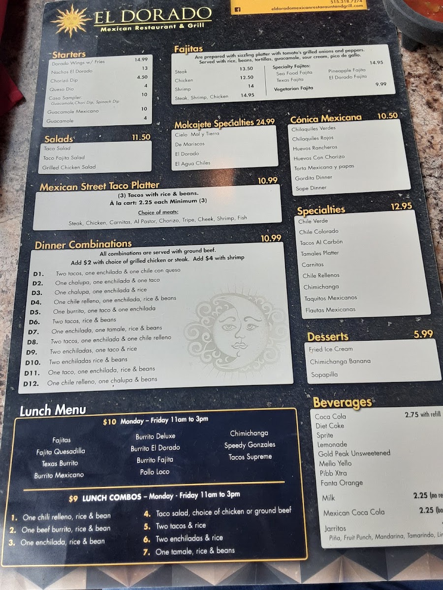 El Dorado Mexican Restaurant and Grill menu board