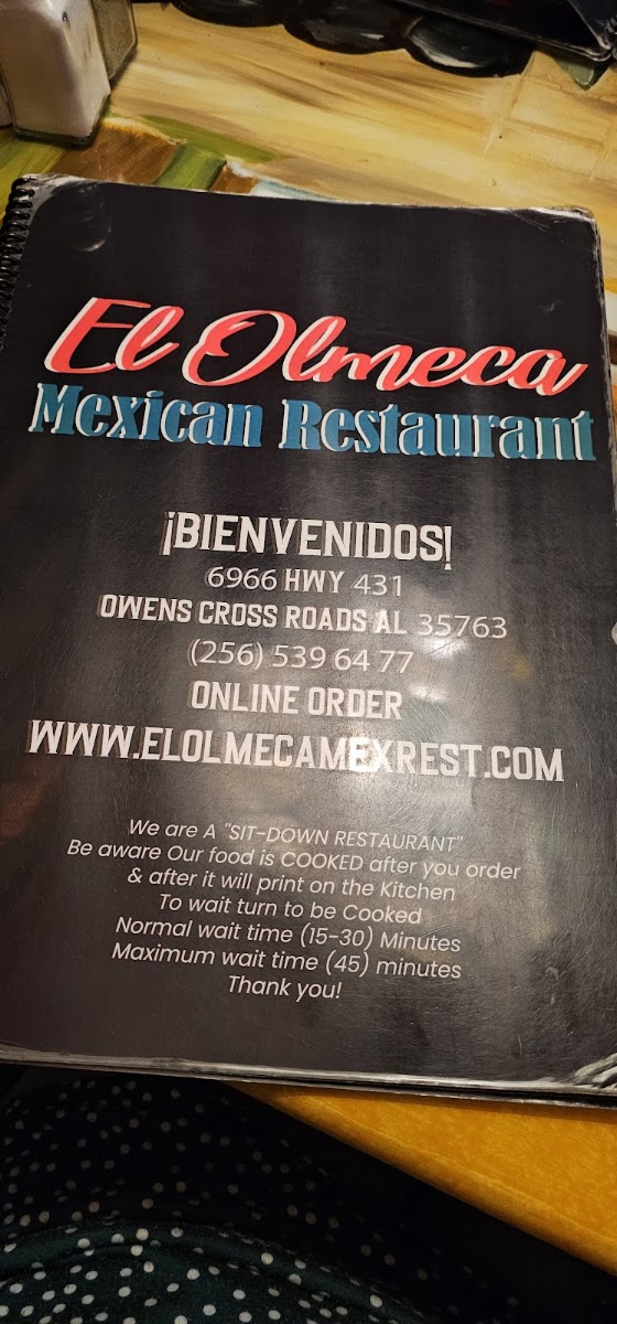 El Olmeca menu board