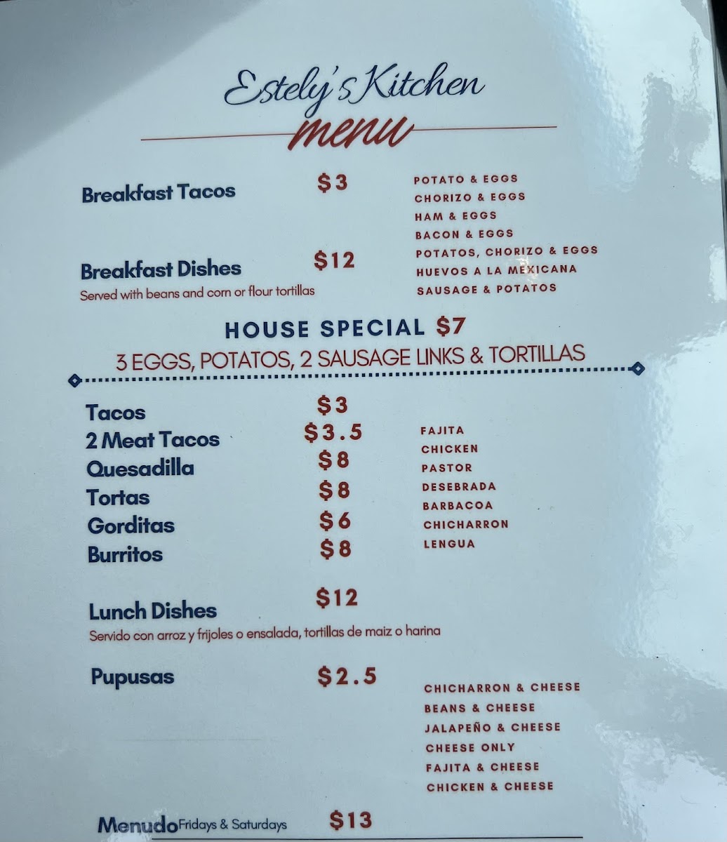 Estely's Kitchen menu board