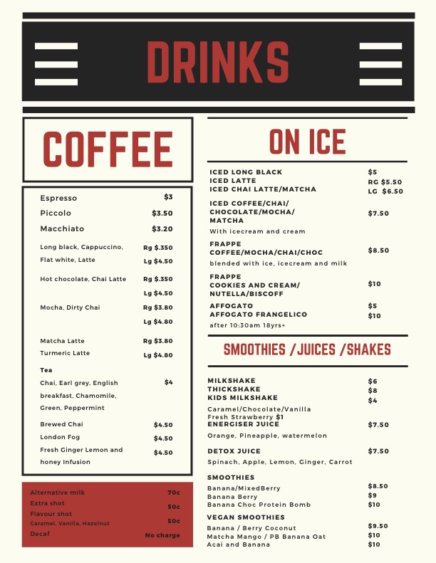 Hemingway Cafe and Bar menu board