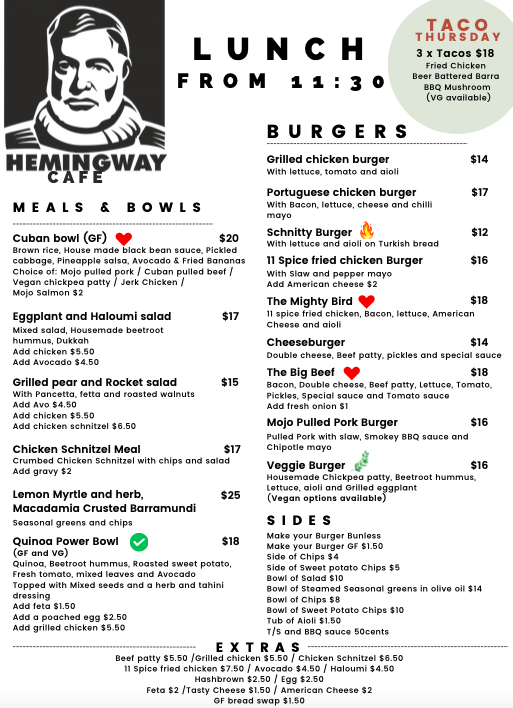 Hemingway Cafe and Bar menu board
