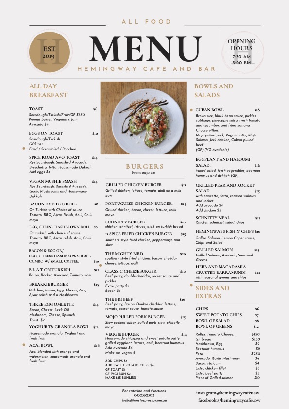 Hemingway Cafe and Bar menu board