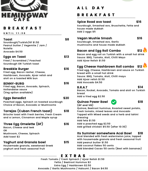 Hemingway Cafe and Bar menu board