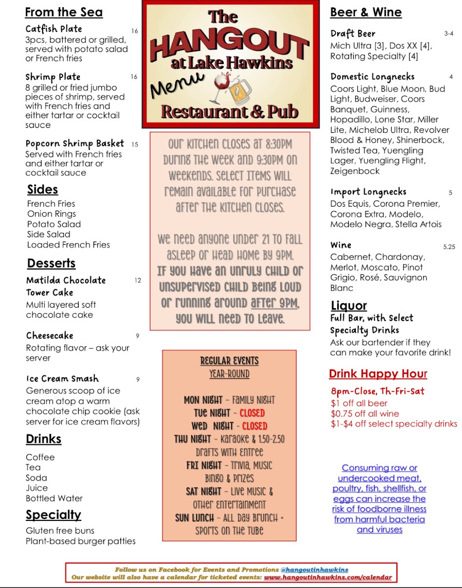 The Hangout at Lake Hawkins Restaurant & Pub menu board