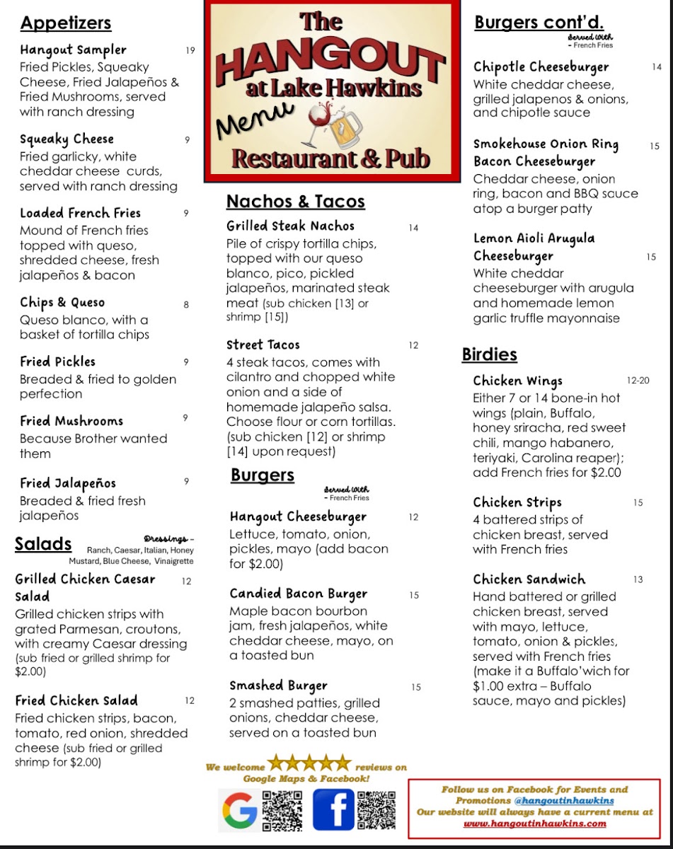 The Hangout at Lake Hawkins Restaurant & Pub menu board