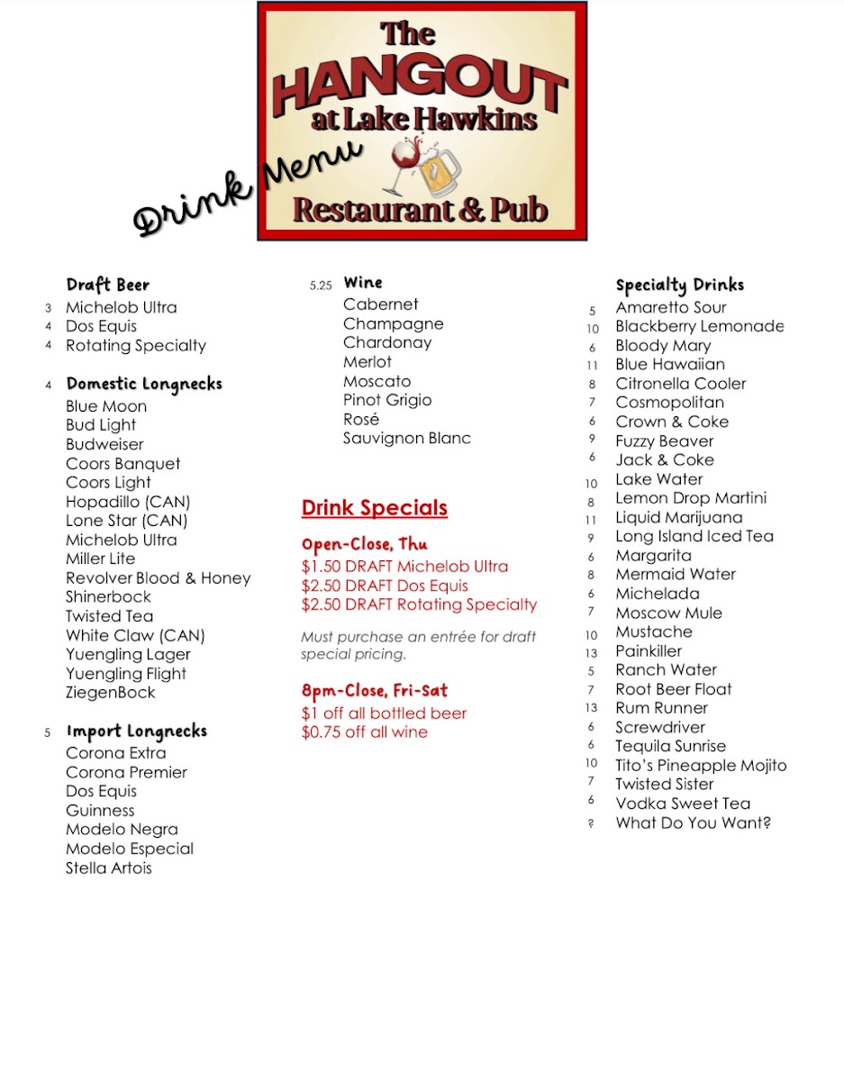The Hangout at Lake Hawkins Restaurant & Pub menu board