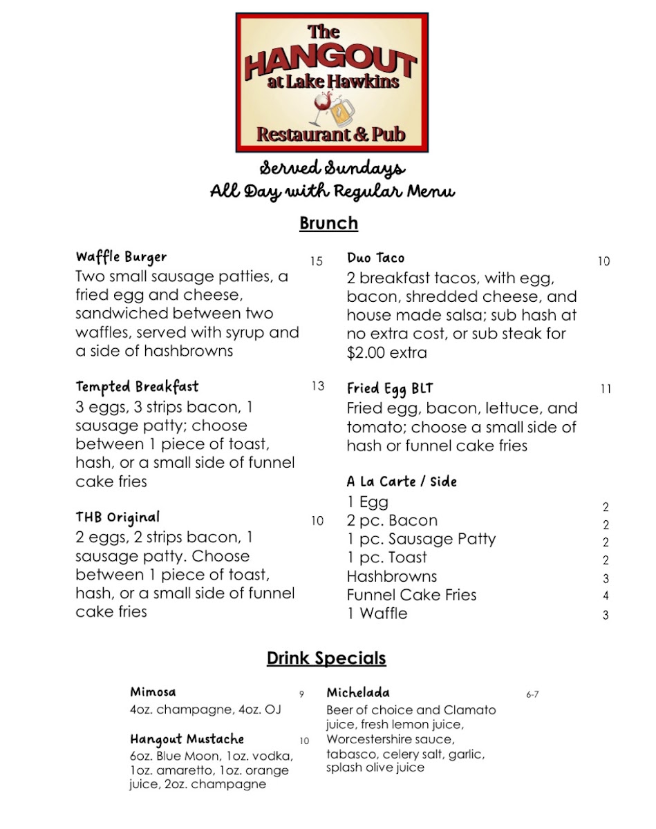 The Hangout at Lake Hawkins Restaurant & Pub menu board