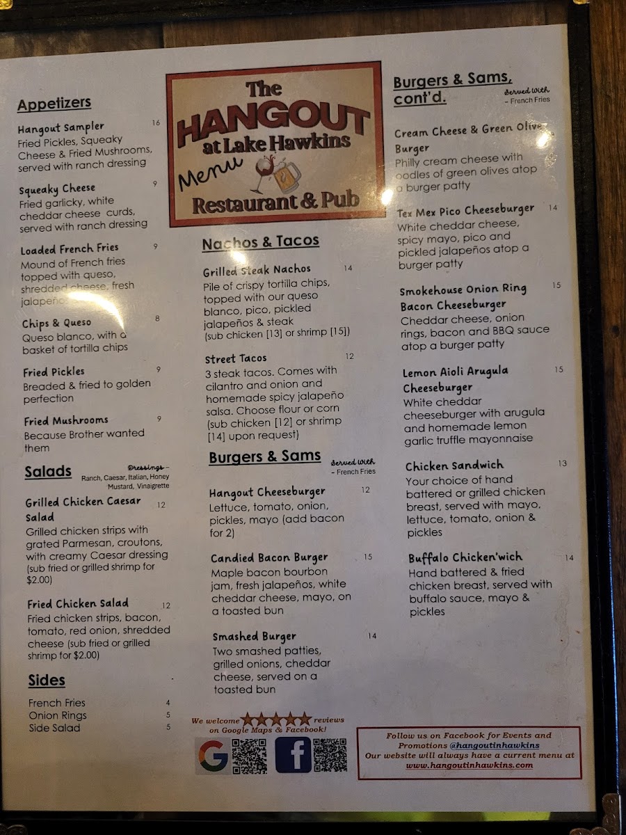 The Hangout at Lake Hawkins Restaurant & Pub menu board