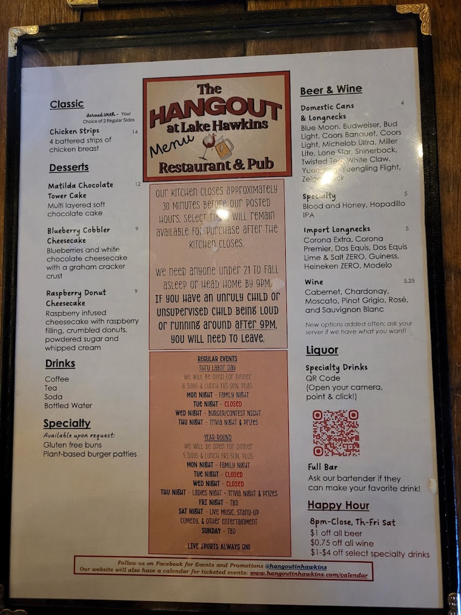 The Hangout at Lake Hawkins Restaurant & Pub menu board