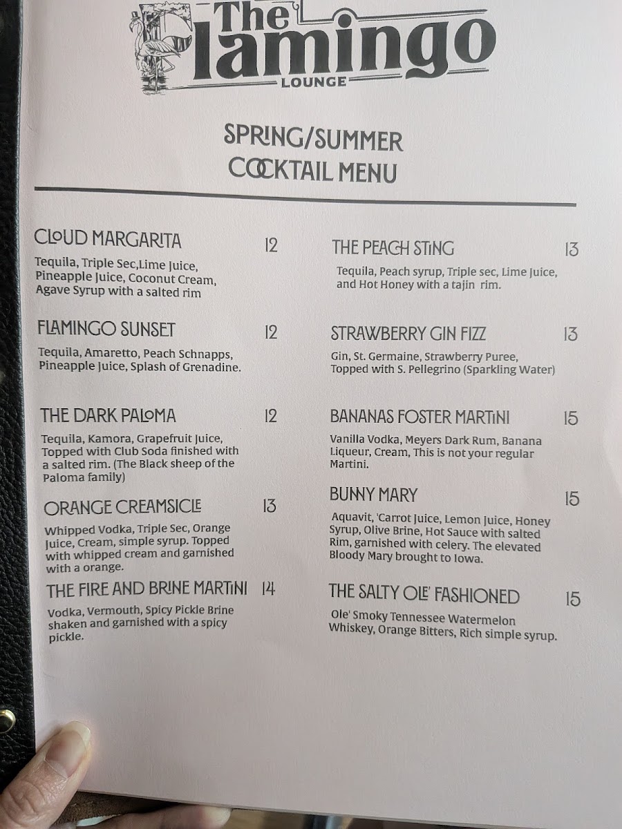The Flamingo Lounge menu board