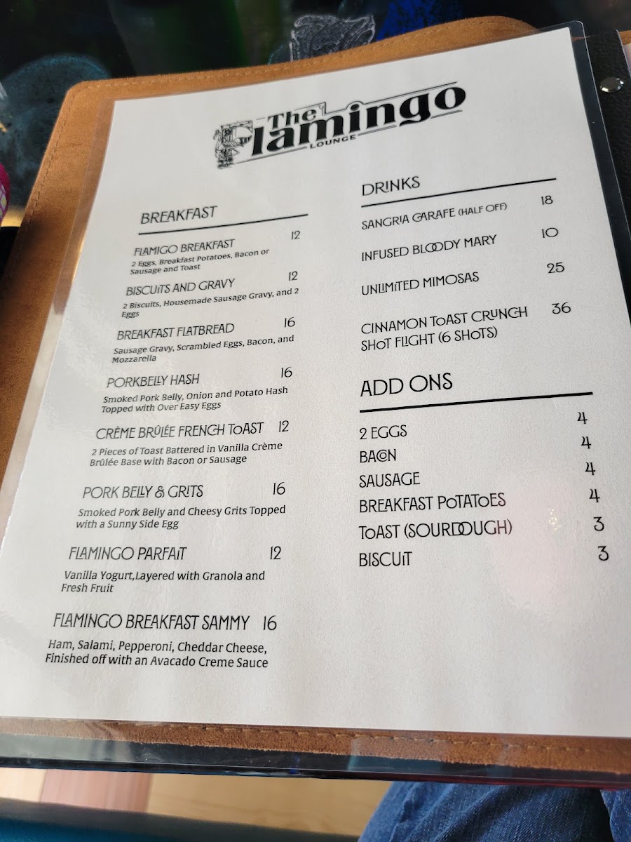 The Flamingo Lounge menu board