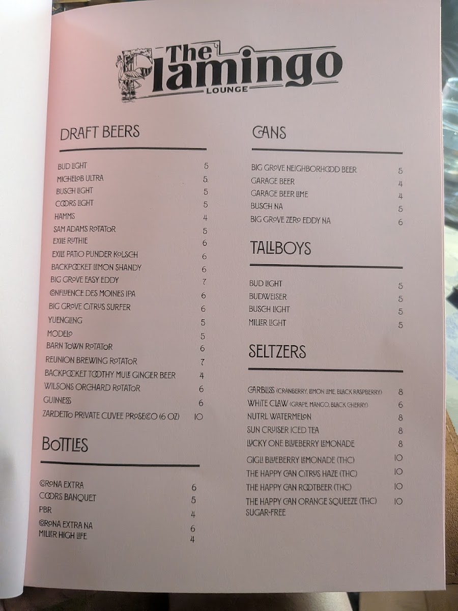 The Flamingo Lounge menu board