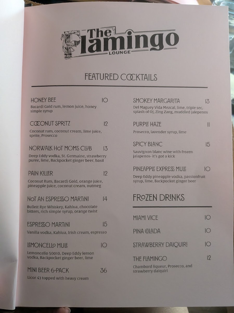 The Flamingo Lounge menu board