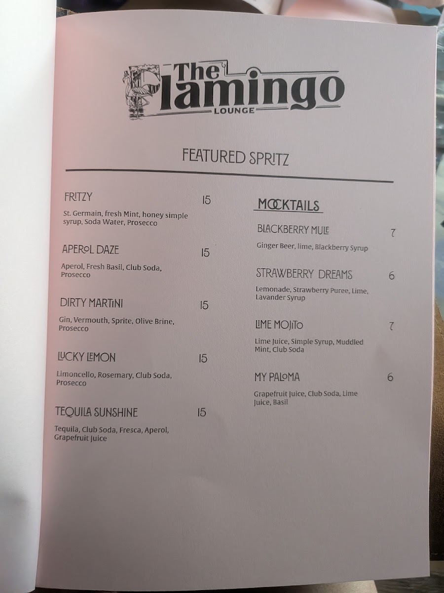 The Flamingo Lounge menu board