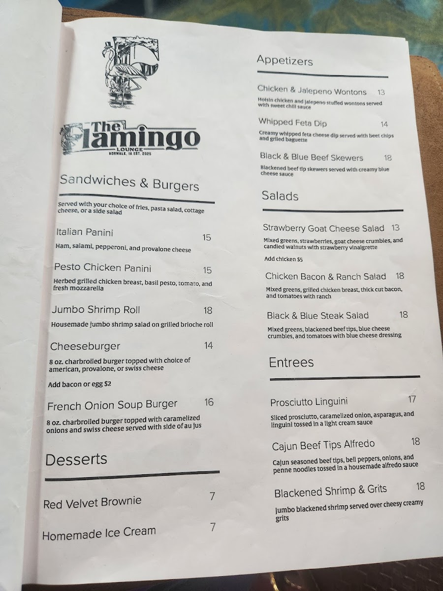 The Flamingo Lounge menu board
