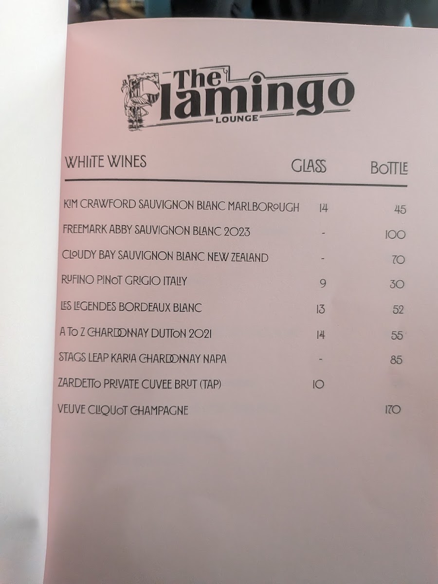 The Flamingo Lounge menu board