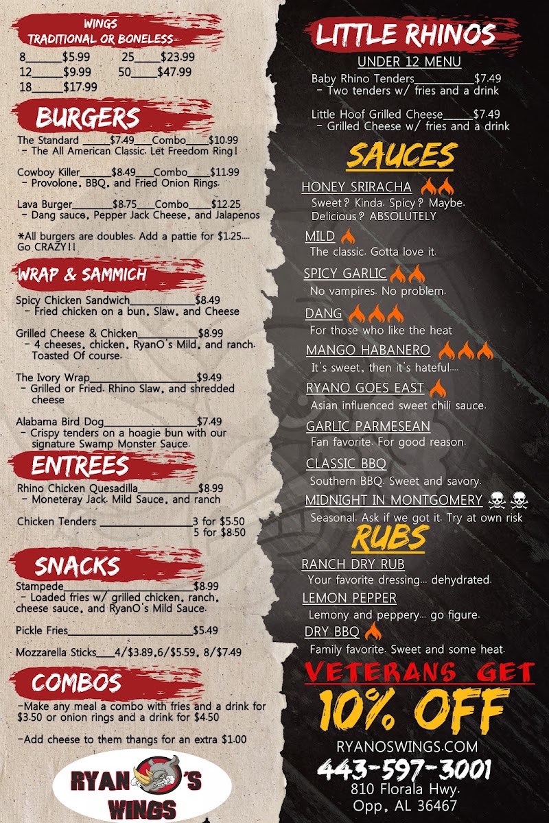 RyanO's Wings menu board
