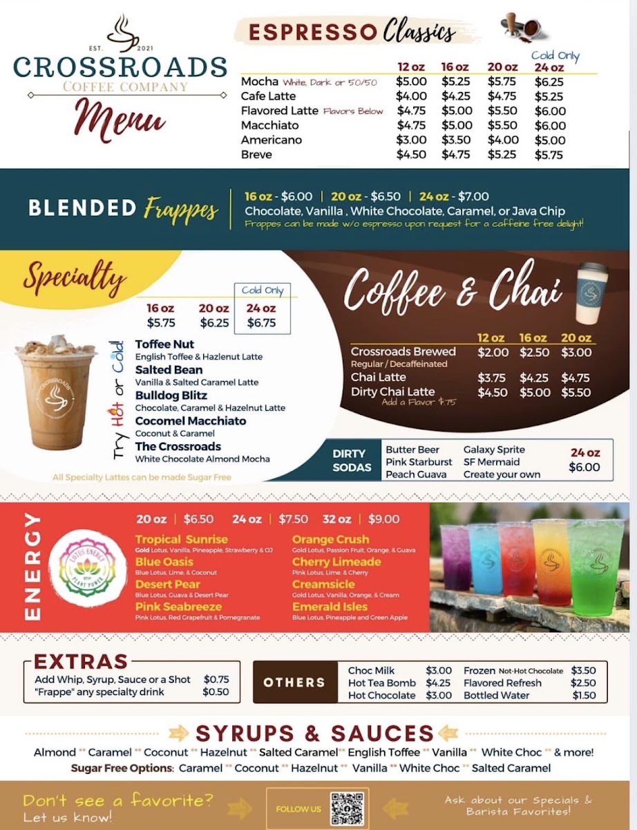 Crossroads Coffee Company menu board