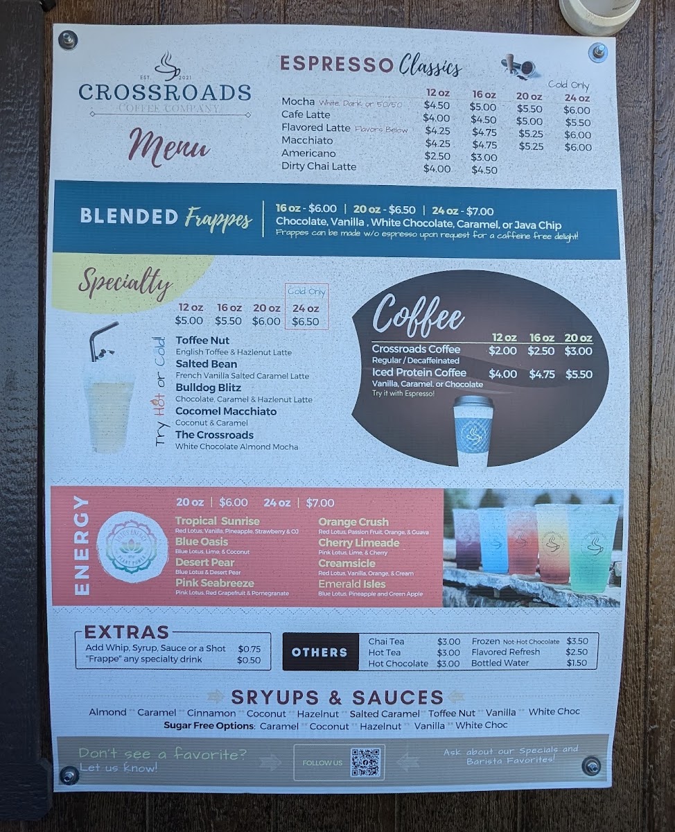Crossroads Coffee Company menu board