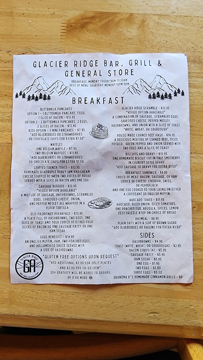 Glacier Ridge Grill & General Store menu board
