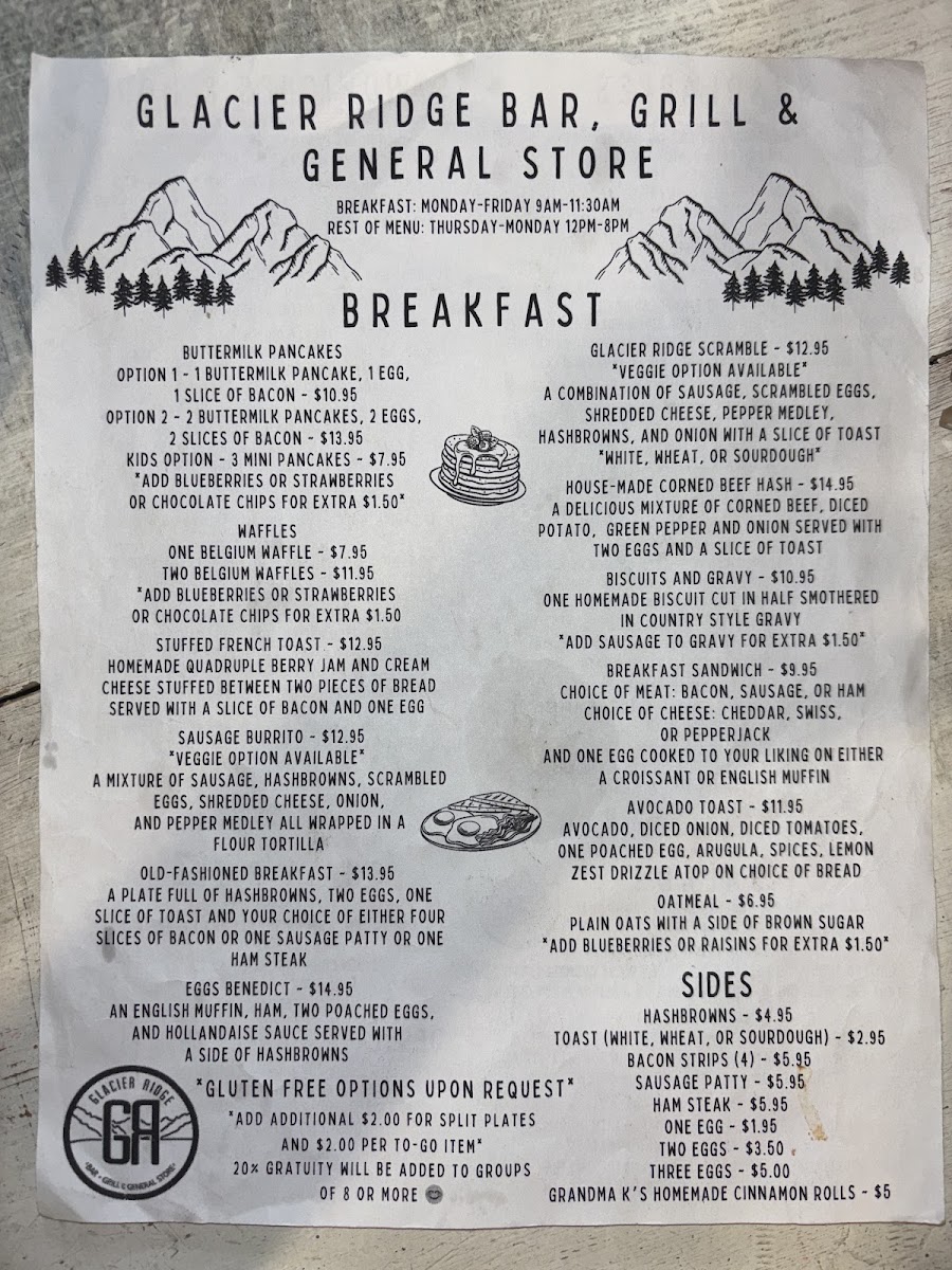 Glacier Ridge Grill & General Store menu board