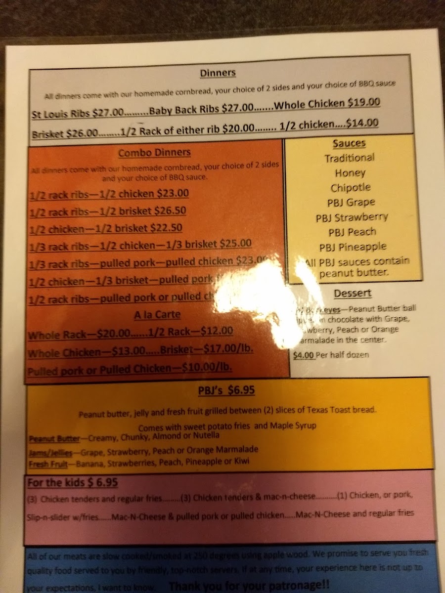 PBJ'S BBQ & Country Market menu board