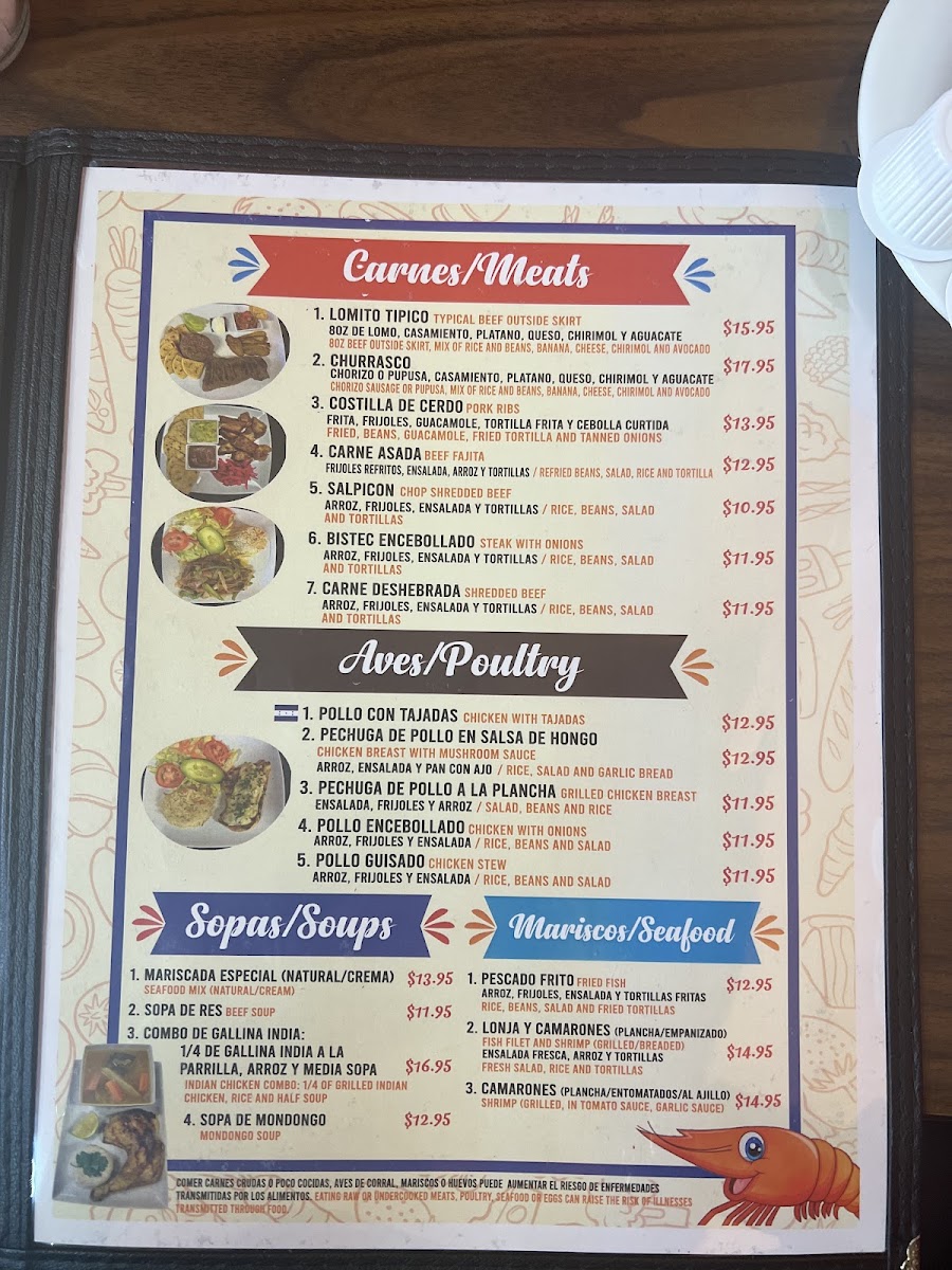 El Pulgarcito de America Restaurante menu board