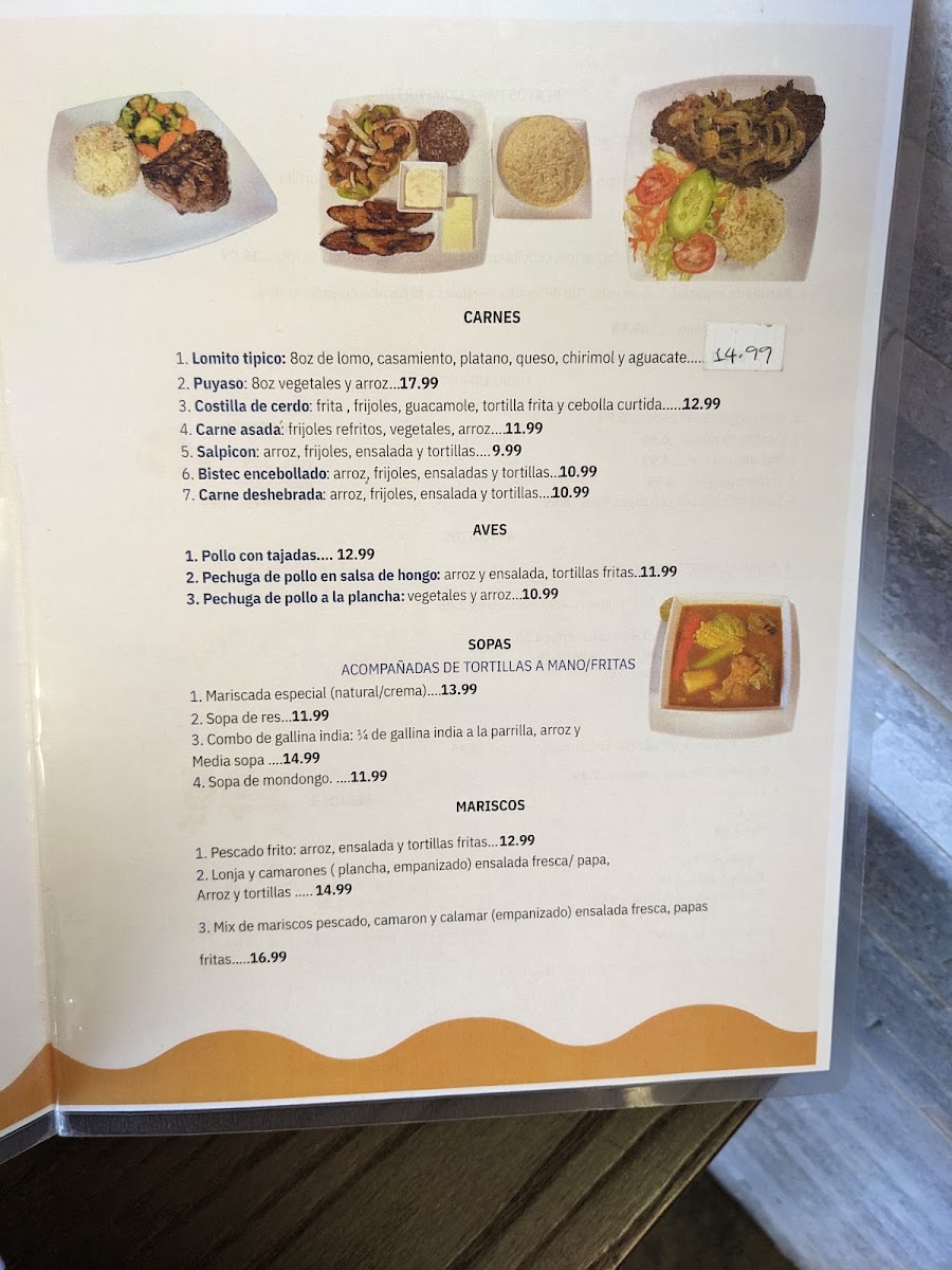 El Pulgarcito de America Restaurante menu board