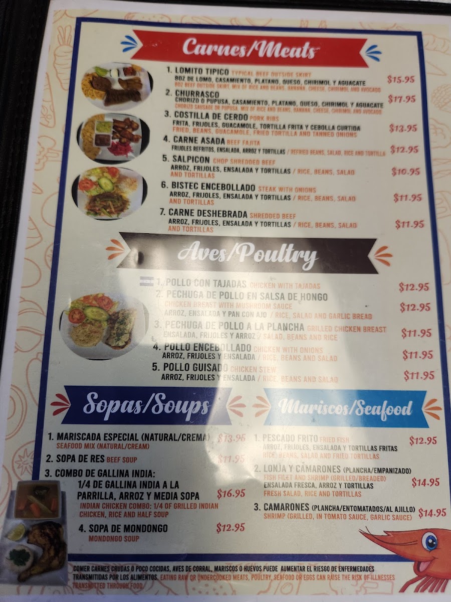 El Pulgarcito de America Restaurante menu board