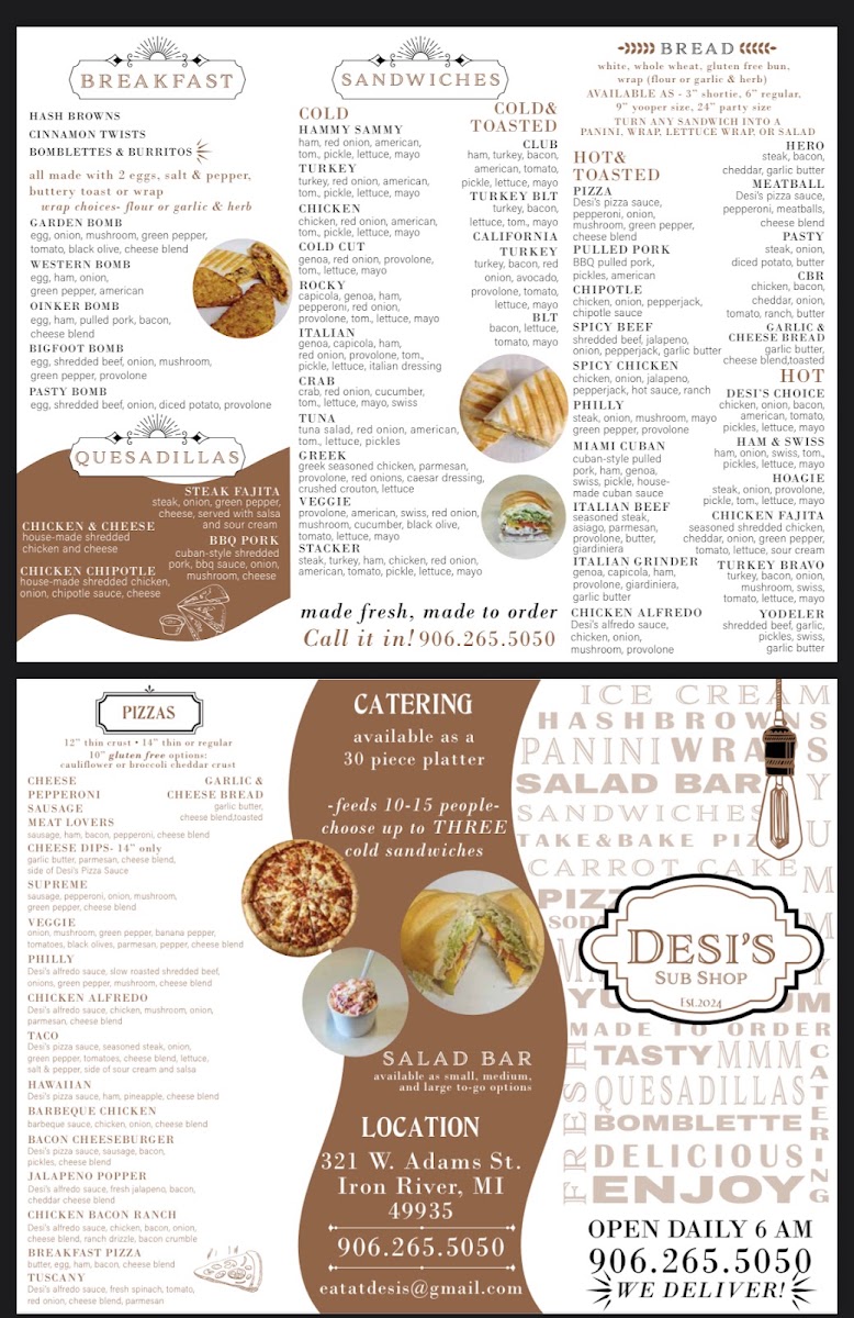 Desi's Subs & Pizza menu board