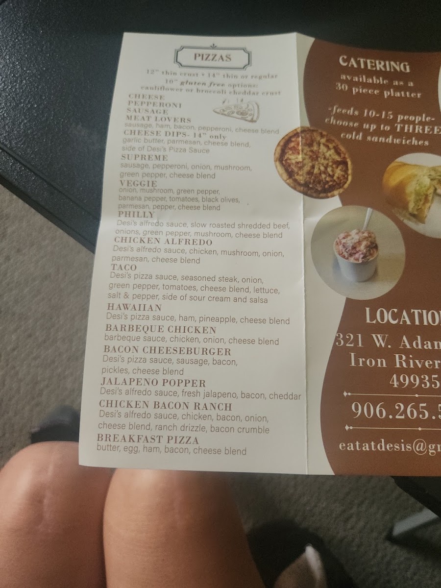 Desi's Subs & Pizza menu board