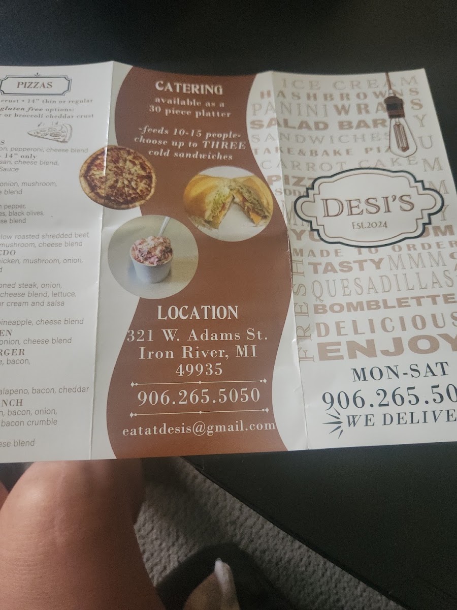 Desi's Subs & Pizza menu board
