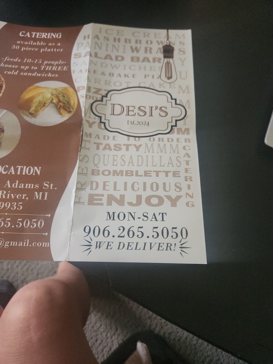 Desi's Subs & Pizza menu board