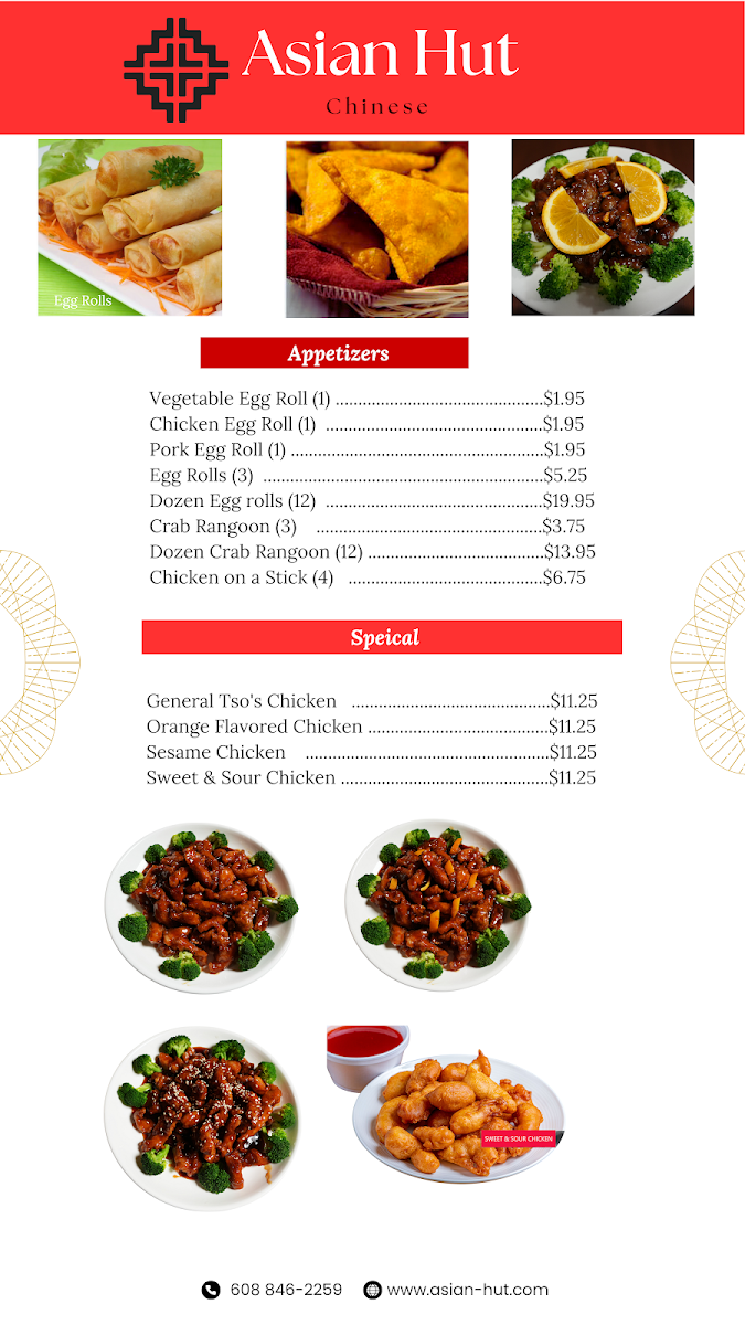 Asian Hut Restaurant menu board