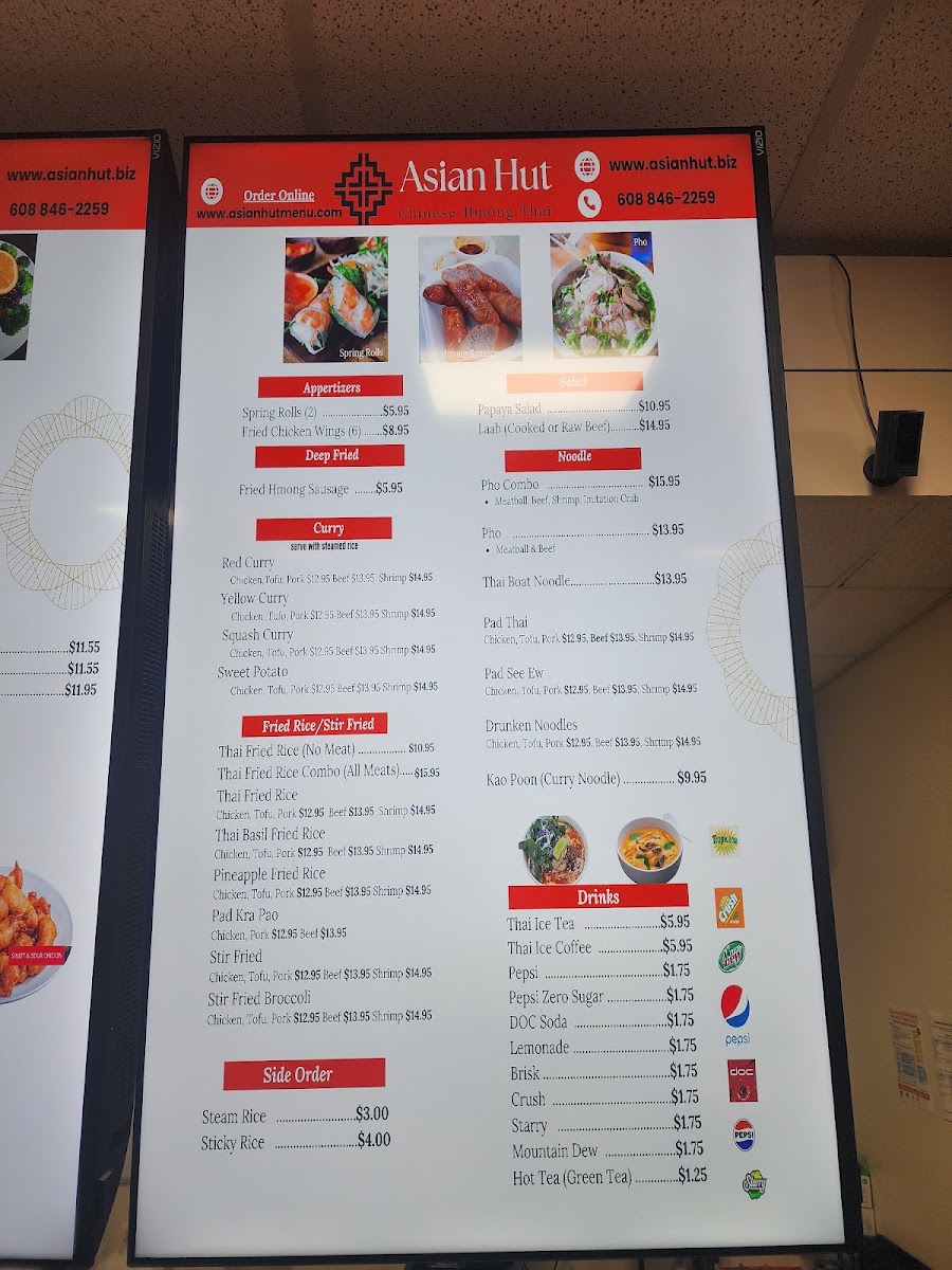 Asian Hut Restaurant menu board