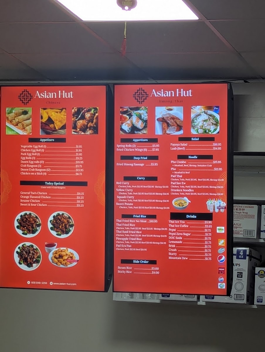 Asian Hut Restaurant menu board