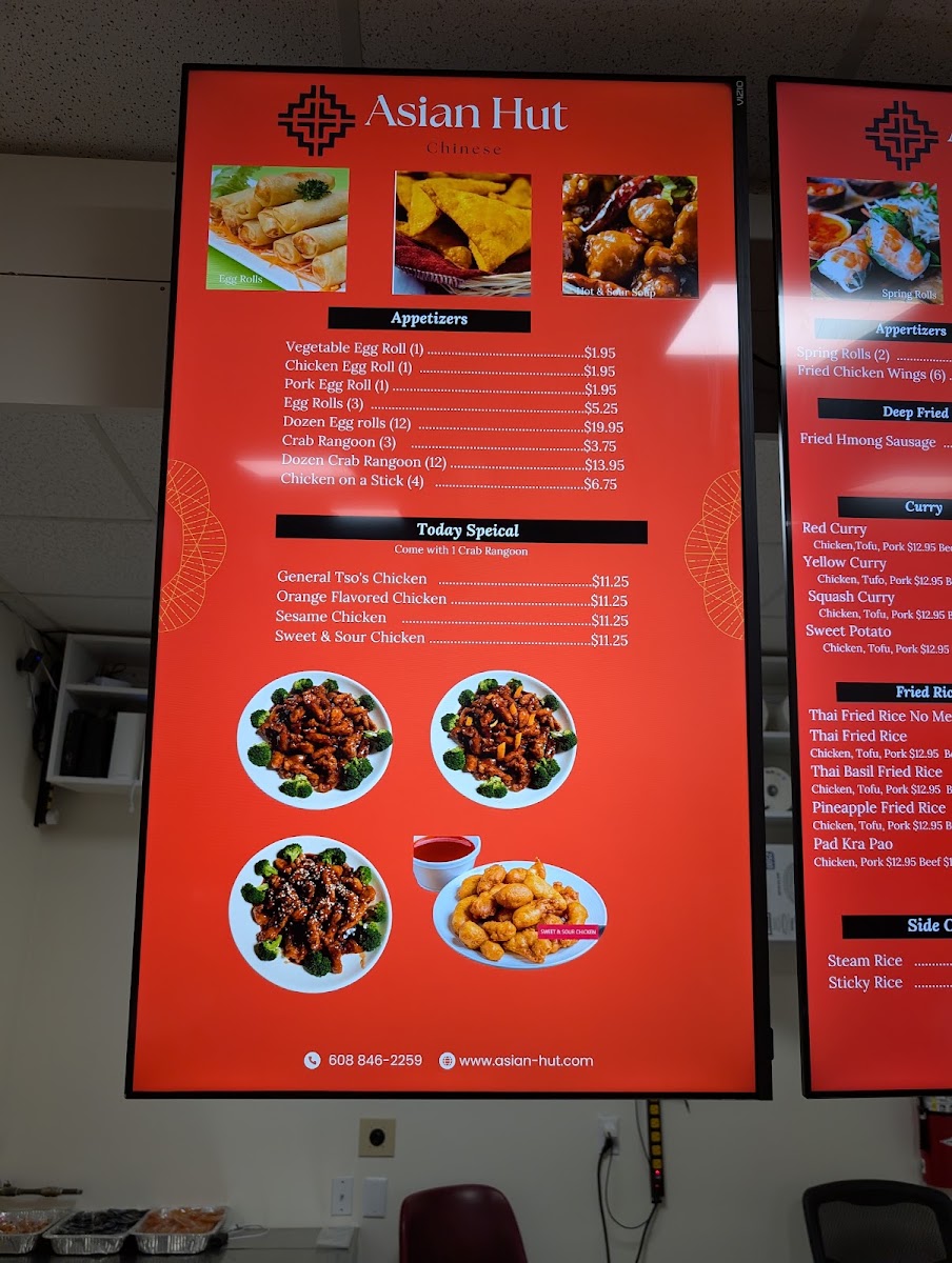 Asian Hut Restaurant menu board