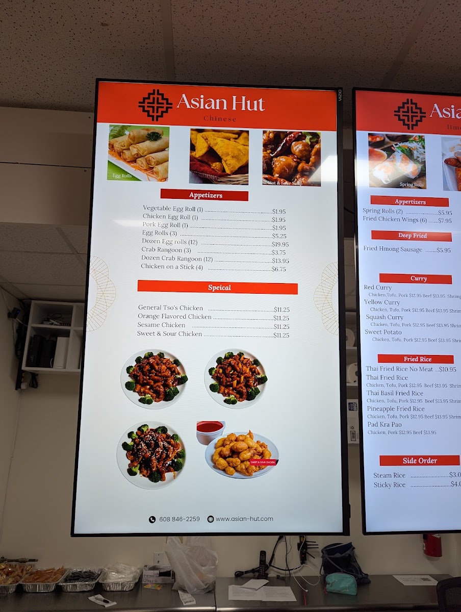Asian Hut Restaurant menu board