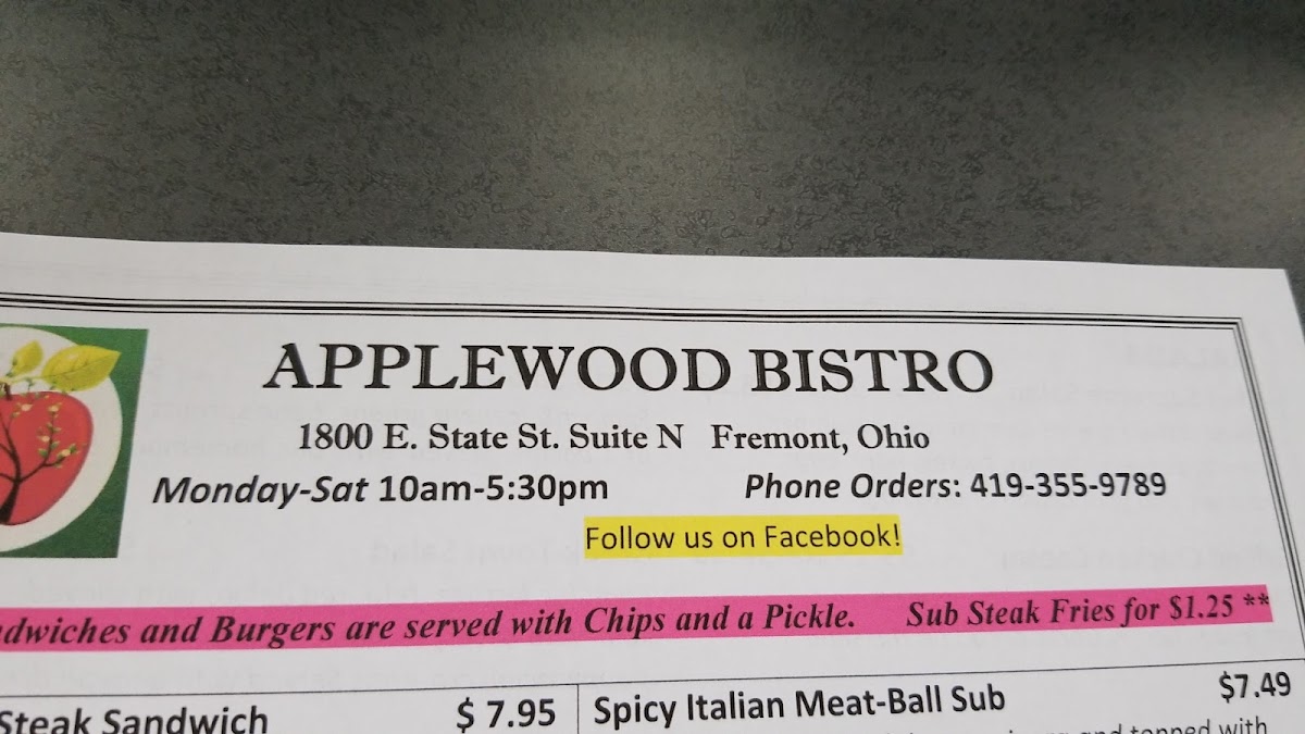 Crystal Arbors Catering & Applewood Bistro, Fremont menu board