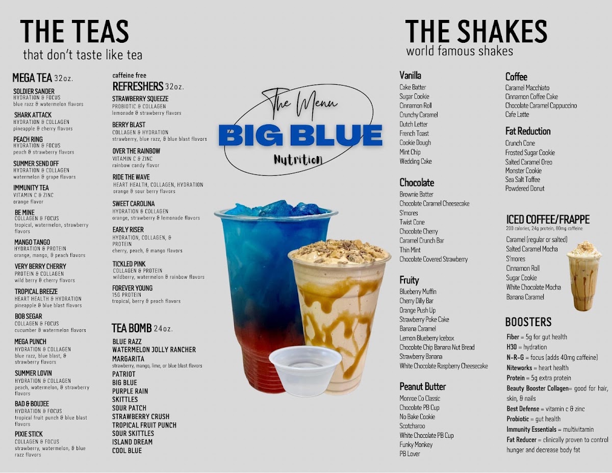 Big Blue Nutrition menu board