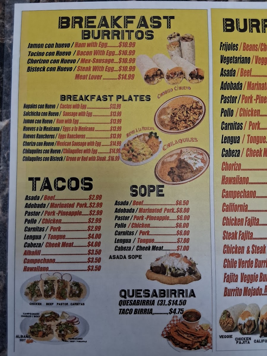Taqueria El Molcajete menu board