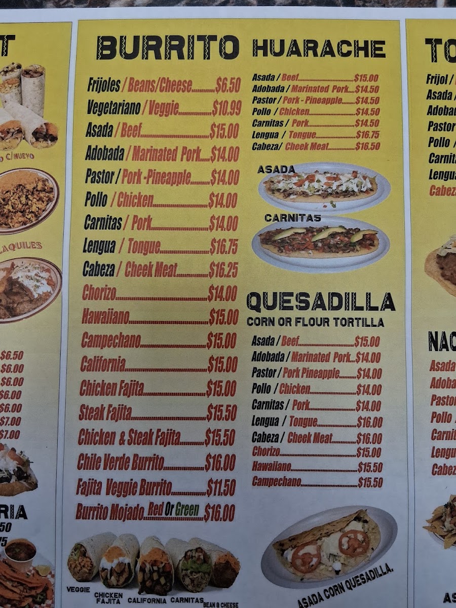 Taqueria El Molcajete menu board