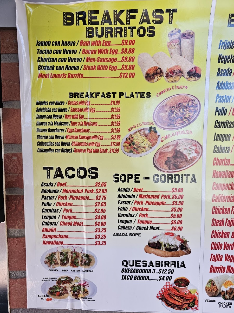 Taqueria El Molcajete menu board