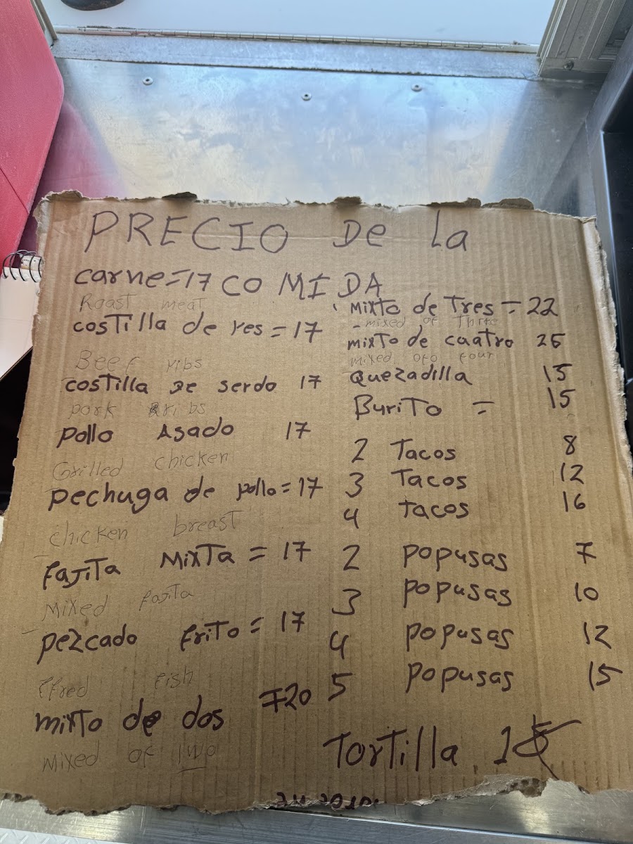 El Chapin taqueria y Pupuseria menu board