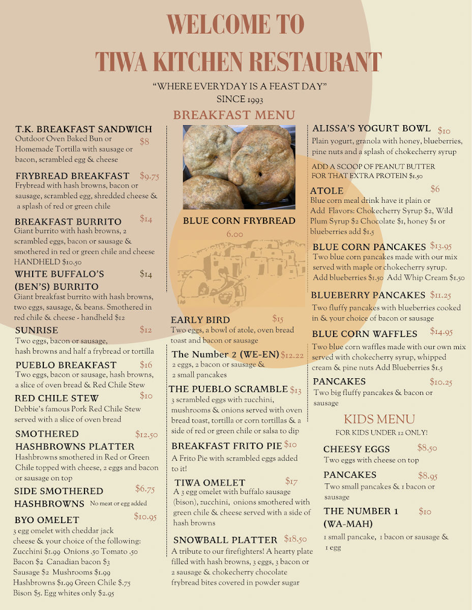 Tiwa Kitchen menu board