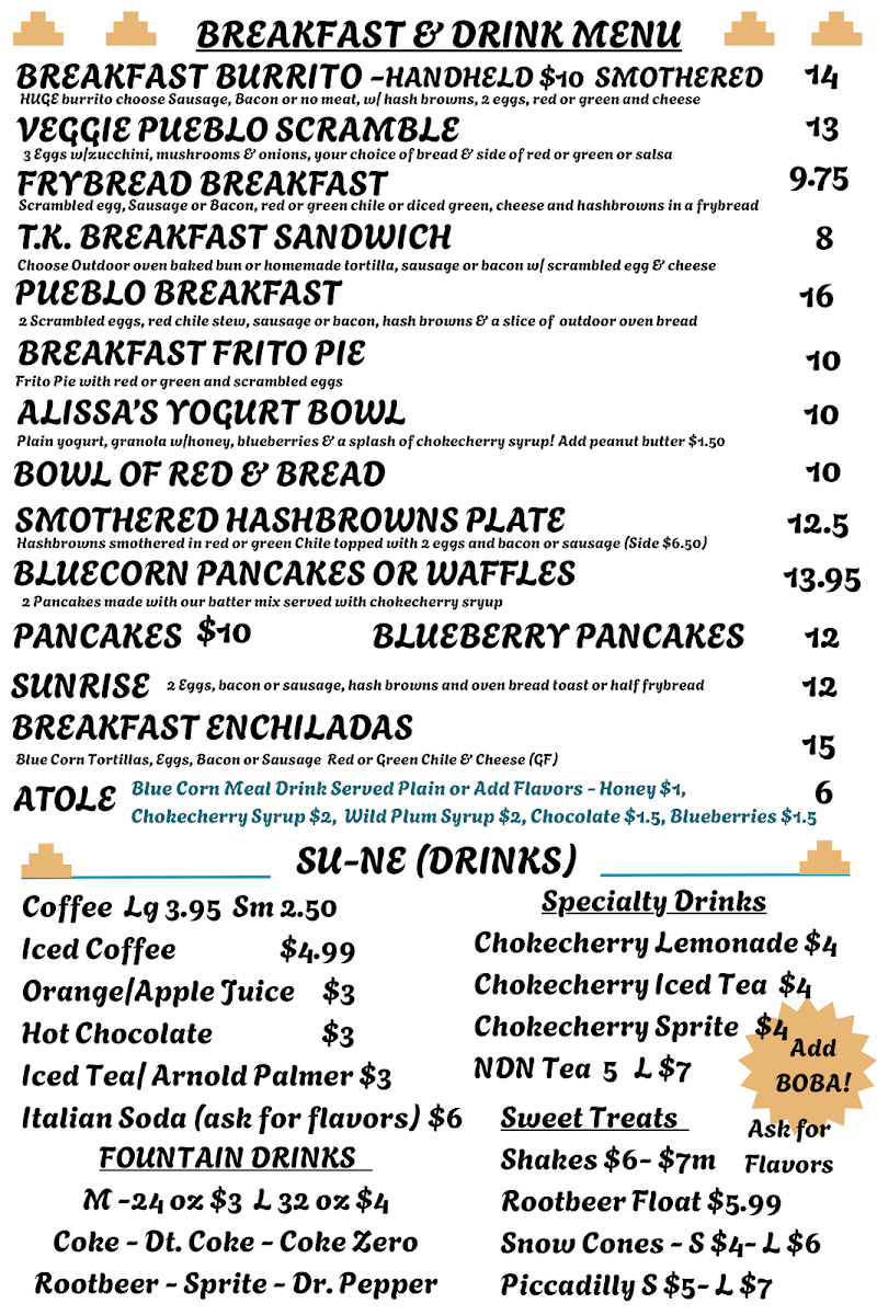 Tiwa Kitchen menu board